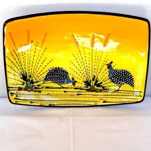 South Africa Art Vintage Ceramic Trinket Dish Vibrant Yellow Guinea Hens Gift